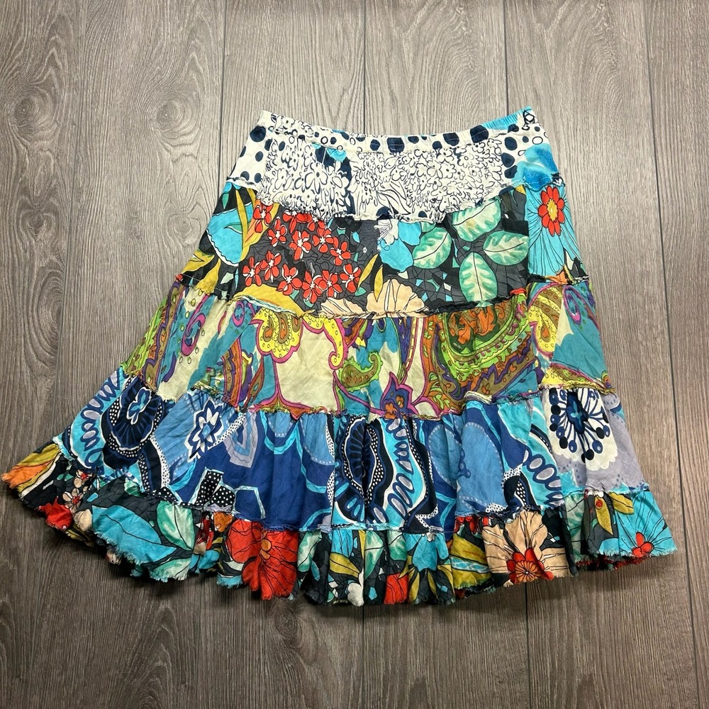 Y2K Bohemian Patchwork Tiered Mini Skirt Floral Paisley Multi-Color 30w